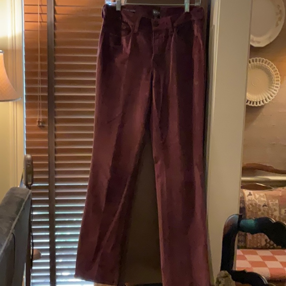 NYDJ, brand new, not worn, maroon/ wine colored velvet jeans.  Boot cut.